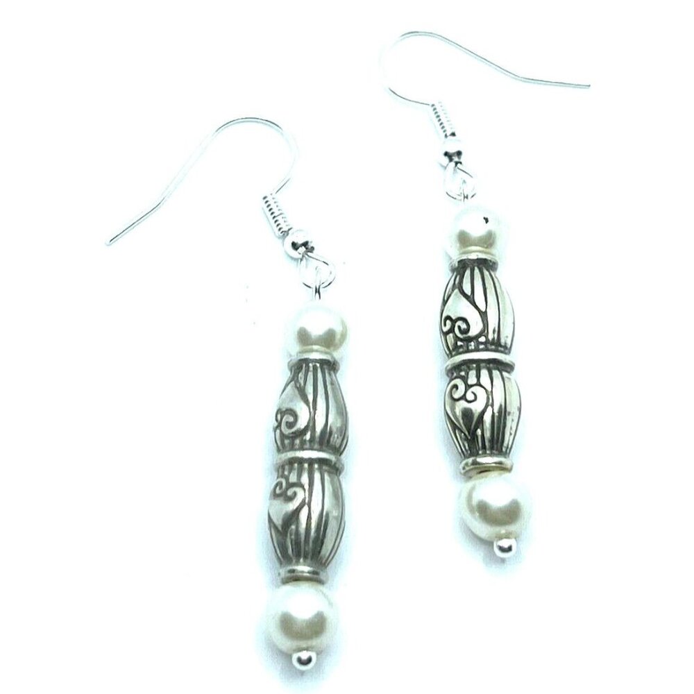 Brighton Love Pearl Beads Etched Cylinders Hearts Custom Silver Earrings